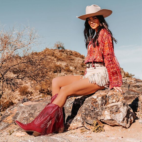 Women's Red Fringe Knee High Cowgirl Western Boots with Embroidery Pointed Toe - Picture 4 of 6